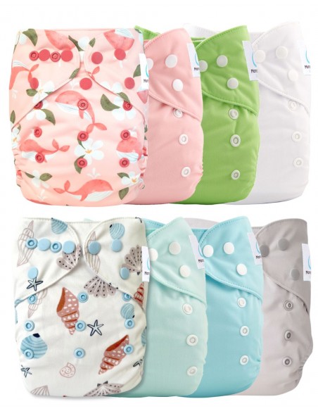 Lot de 8 couches lavables évolutives tons roses + 8 inserts microfibre