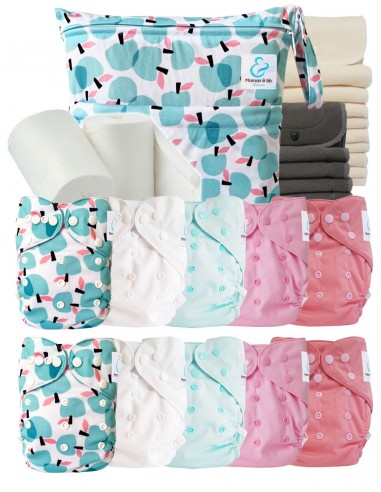 Pack complet couches lavables TE2 + 10 inserts bambou + 10 inserts charcoal + sac imperméable + voiles de protection