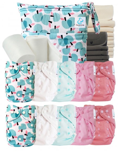 Pack complet couches lavables TE2 + 10 inserts bambou + 10 inserts charcoal + sac imperméable + voiles de protection