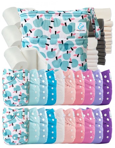 Mega pack 20 couches lavables TE1 + inserts + voiles de protection et son sac imperméable