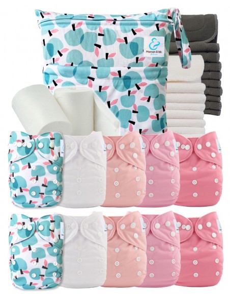 Pack complet premium composé de 10 couches lavables, d'inserts, d'un sac imperméable et de voiles de protection