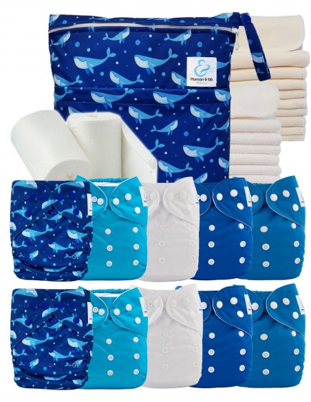 Pack complet premium composé de 10 couches lavables, d'inserts, d'un sac imperméable et de voiles de protection