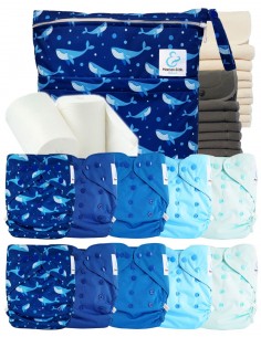 Pack complet couches lavables TE2 + 10 inserts bambou + 10 inserts charcoal + sac imperméable + voiles de protection