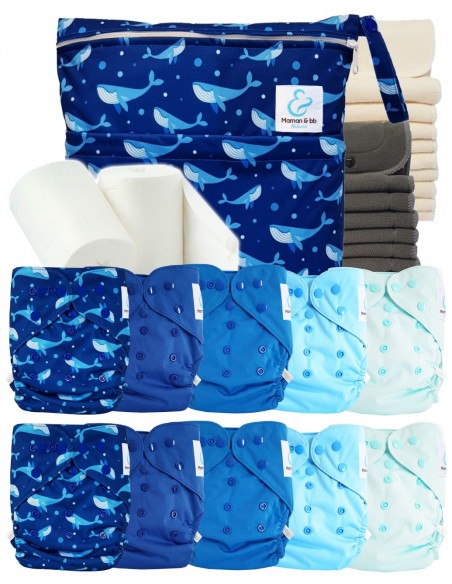 Pack complet couches lavables TE2 + 10 inserts bambou + 10 inserts charcoal + sac imperméable + voiles de protection