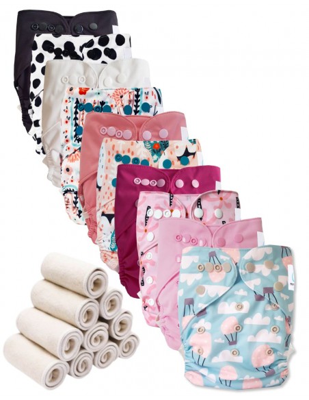 Lot 10 couches lavables tout en deux Te2 à doubles goussets + 10 inserts en bambou