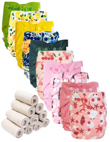 Lot 10 couches lavables tout en deux Te2 à doubles goussets + 10 inserts en bambou - Summer