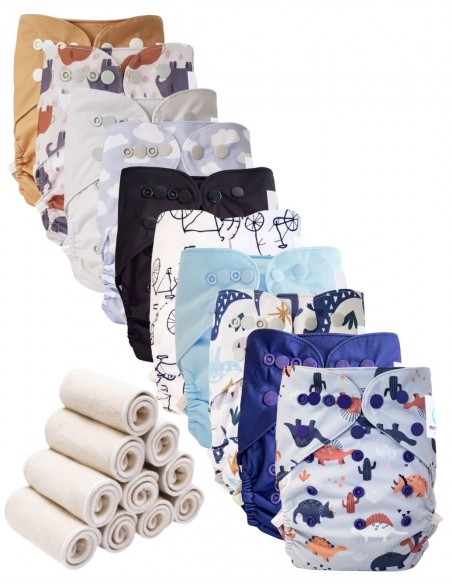 Lot 10 couches lavables tout en deux Te2 à doubles goussets + 10 inserts en bambou