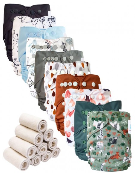 Lot 10 couches lavables tout en deux Te2 à doubles goussets + 10 inserts en bambou