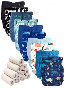 Lot 10 couches lavables tout en deux Te2 à doubles goussets + 10 inserts en bambou