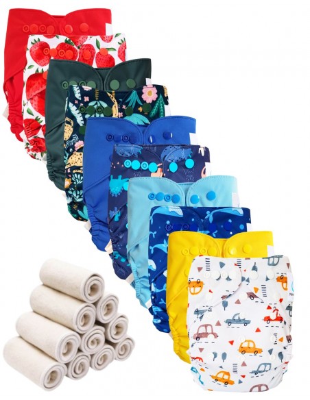 Lot 10 couches lavables tout en deux Te2 à doubles goussets + 10 inserts en bambou