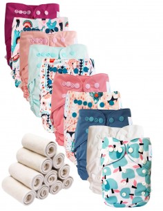 Lot 10 couches lavables tout en deux Te2 à doubles goussets + 10 inserts en bambou - Spring