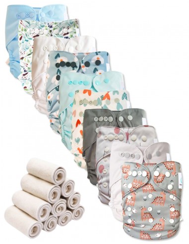 Lot 10 couches lavables tout en deux Te2 à doubles goussets + 10 inserts en bambou