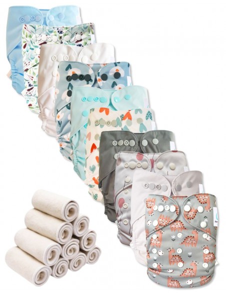 Lot 10 couches lavables tout en deux Te2 à doubles goussets + 10 inserts en bambou