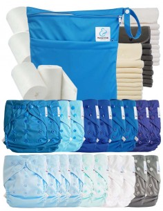 Mega pack couches lavables TE2 + 10 inserts bambou + 10 inserts microfibre + sac imperméable + voiles de protection