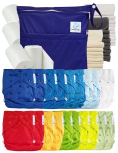 Mega pack couches lavables TE2 + 10 inserts bambou + 10 inserts microfibre + sac imperméable + voiles de protection