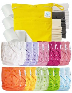 Mega pack couches lavables TE2 + 10 inserts bambou + 10 inserts microfibre + sac imperméable + voiles de protection
