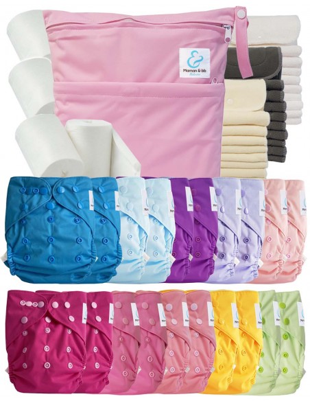Mega pack couches lavables TE2 + 10 inserts bambou + 10 inserts microfibre + sac imperméable + voiles de protection