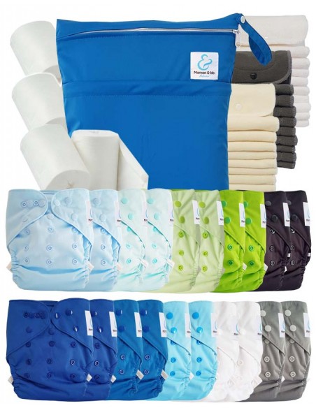 Mega pack couches lavables TE2 + 10 inserts bambou + 10 inserts microfibre + sac imperméable + voiles de protection
