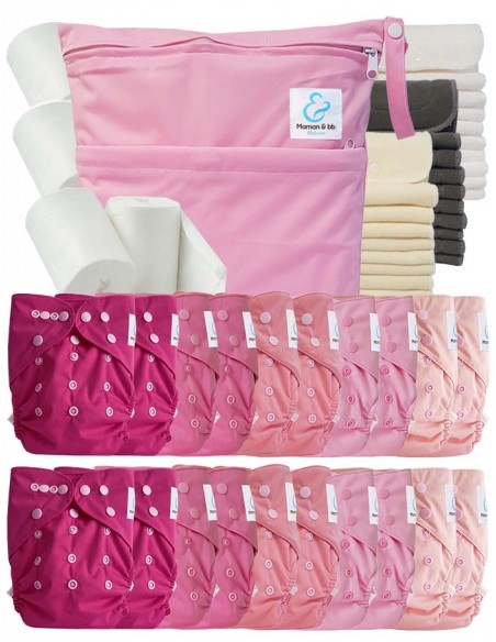 Mega pack couches lavables TE2 + 10 inserts bambou + 10 inserts microfibre + sac imperméable + voiles de protection