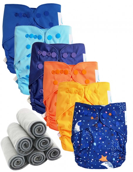 Lot 6 couches lavables tout en deux Te2 à doubles goussets + 6 inserts en bambou