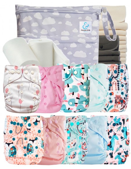 Pack complet couches lavables TE2 + 10 inserts bambou + 10 inserts charcoal + sac imperméable + voiles de protection