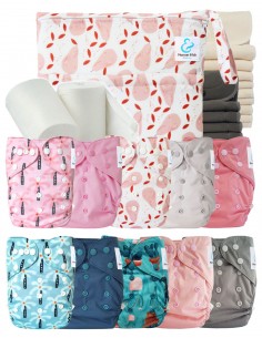 Pack complet couches lavables TE2 + 10 inserts bambou + 10 inserts charcoal + sac imperméable + voiles de protection