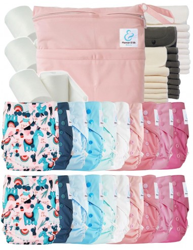 Mega pack couches lavables TE2 + 10 inserts bambou + 10 inserts microfibre + sac imperméable + voiles de protection