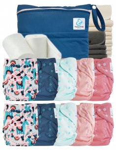 Pack complet couches lavables TE2 + 10 inserts bambou + 10 inserts charcoal + sac imperméable + voiles de protection
