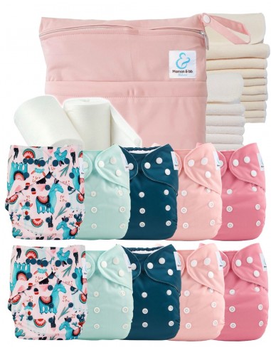 Pack complet premium composé de 10 couches lavables, d'inserts, d'un sac imperméable et de voiles de protection