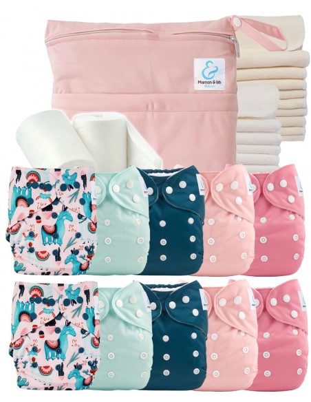 Pack complet premium composé de 10 couches lavables, d'inserts, d'un sac imperméable et de voiles de protection