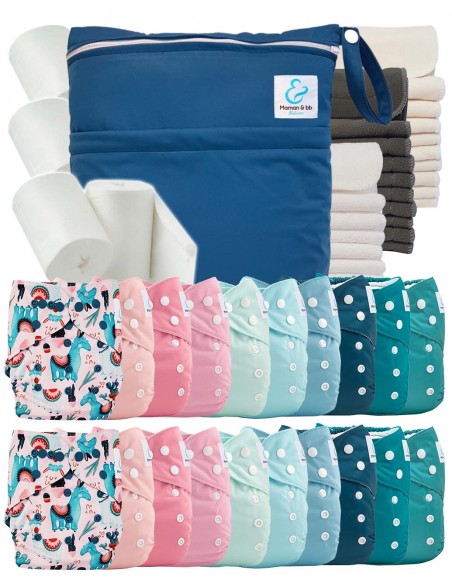 Mega pack 20 couches lavables + inserts + voiles de protection et son sac imperméable