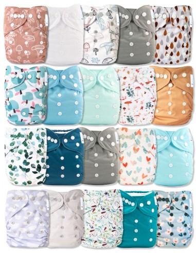 Lot de 20 couches lavables évolutives unies garçon + 20 inserts