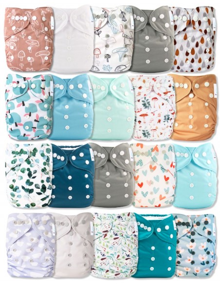 Lot de 20 couches lavables évolutives unies garçon + 20 inserts