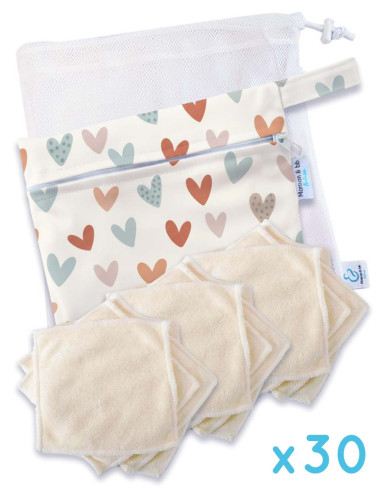KIT WIPES CERO RESIDUOS: Toallitas de algodón lavables + Línea de lavado y bolsa de almacenamiento de bambú