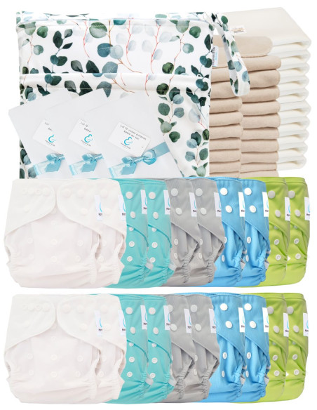 Complete Pack Washable diapers Te3 Certified Oeko Tex® + 20 Cotton Inserts + 10 Bamboo Inserts + Bag + Protective Sails