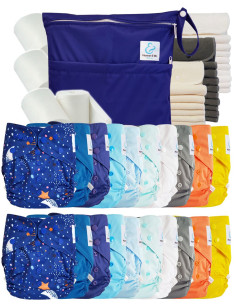 Mega-Pack windeln Waschbare TE2 + 10 Bambuseinsätze + 10 Mikrofasereinsätze + Wasserdichte Tasche + Schutzsegeln