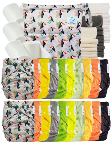Mega pack couches lavables TE2 + 10 inserts bambou + 10 inserts microfibre + sac imperméable + voiles de protection
