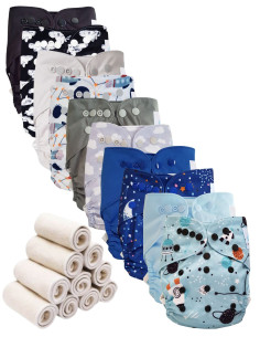 Lot 10 couches lavables tout en deux Te2 à doubles goussets + 10 inserts en bambou