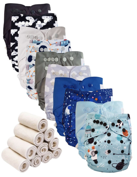 Lot 10 couches lavables tout en deux Te2 à doubles goussets + 10 inserts en bambou