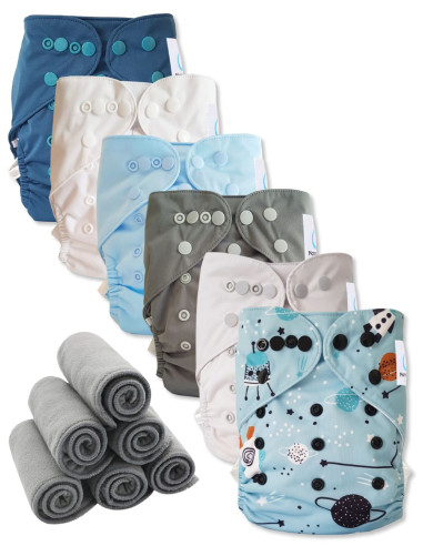 Lot 6 couches lavables tout en deux Te2 à doubles goussets + 6 inserts en bambou