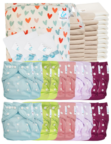 Mega pack 20 couches lavables TE1 + inserts + voiles de protection et son sac imperméable