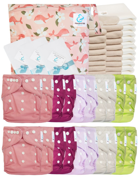 Mega pack 20 couches lavables TE1 + inserts + voiles de protection et son sac imperméable