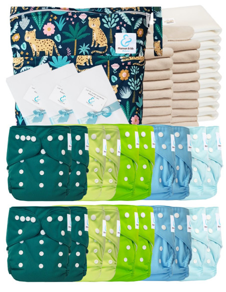 Mega pack 20 couches lavables TE1 + inserts + voiles de protection et son sac imperméable