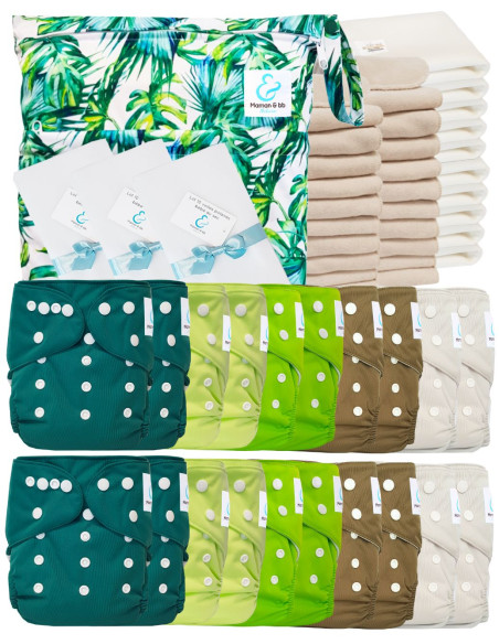 Mega pack 20 couches lavables TE1 + inserts + voiles de protection et son sac imperméable