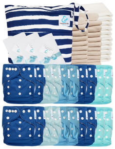 Mega pack 20 couches lavables TE1 + inserts + voiles de protection et son sac imperméable