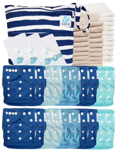 Mega pack 20 couches lavables TE1 + inserts + voiles de protection et son sac imperméable