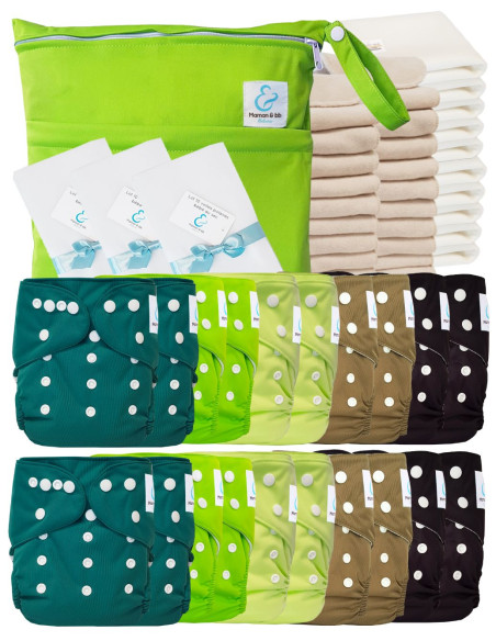 Mega pack 20 couches lavables TE1 + inserts + voiles de protection et son sac imperméable