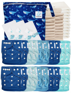 Mega pack 20 couches lavables TE1 + inserts + voiles de protection et son sac imperméable