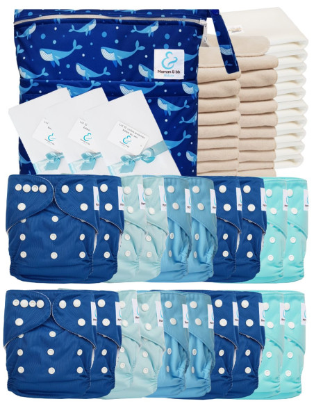 Mega pack 20 couches lavables TE1 + inserts + voiles de protection et son sac imperméable