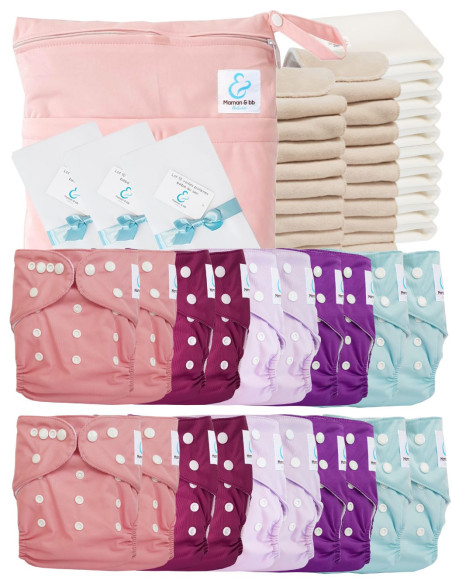 Mega pack 20 couches lavables TE1 + inserts + voiles de protection et son sac imperméable